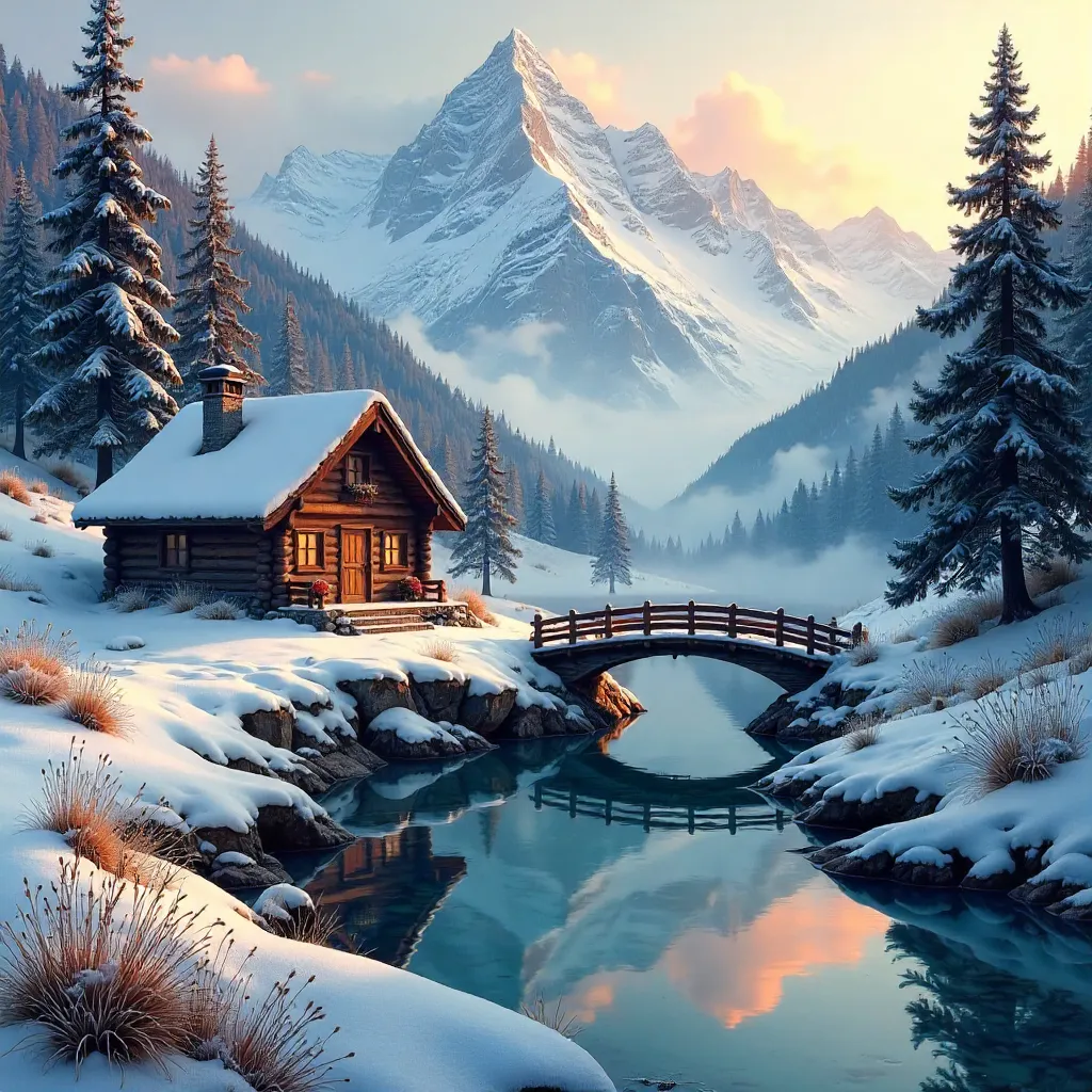 Tranquil Alpine Cottage by Snowy Peaks