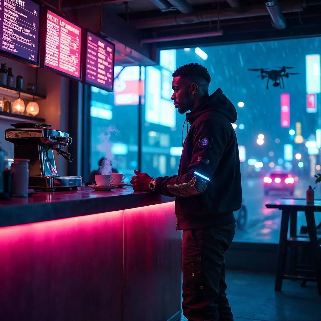 Athletic Black Man in a Neon Cyberpunk Café