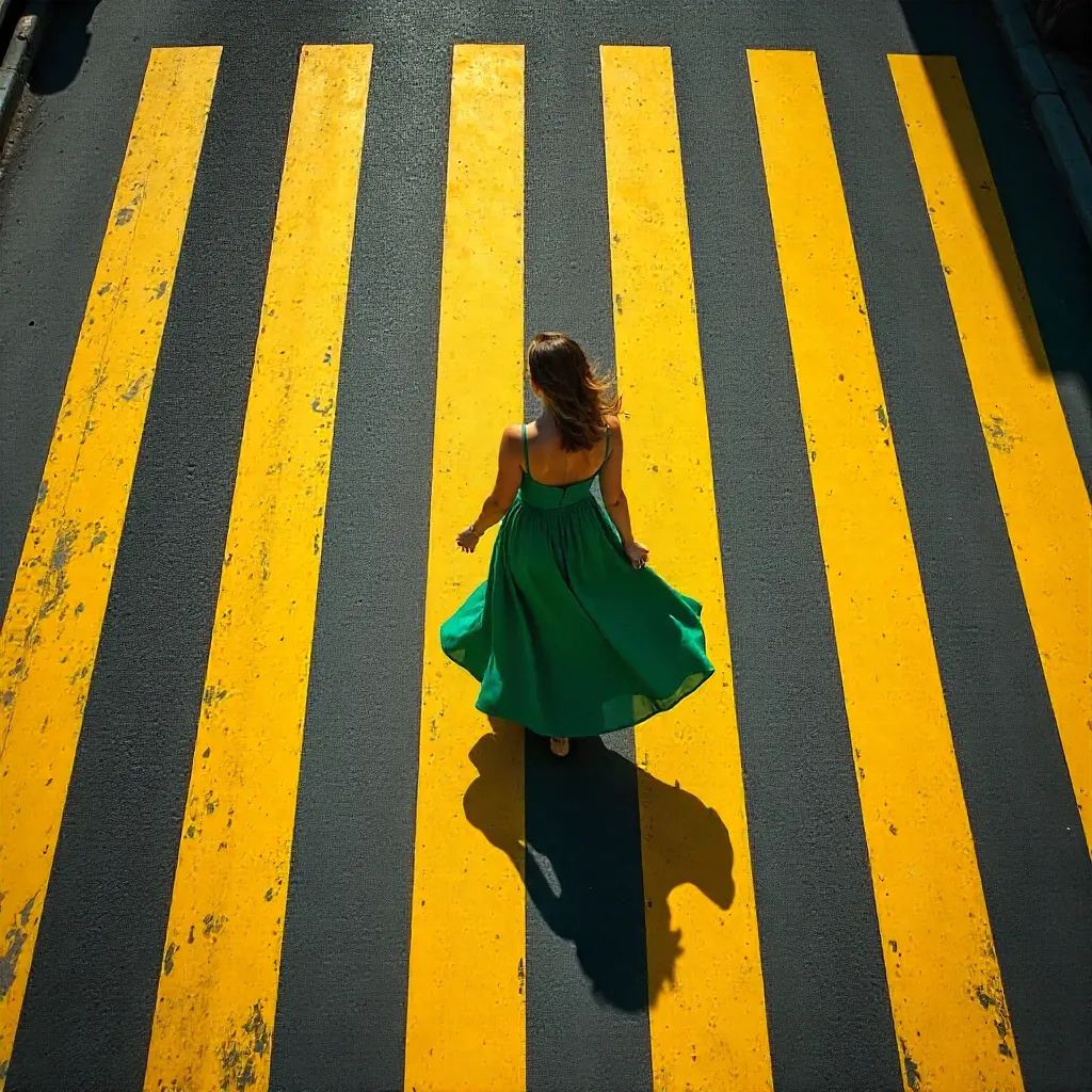 Overhead View: Woman in Green Dress on Yellow Crosswalk