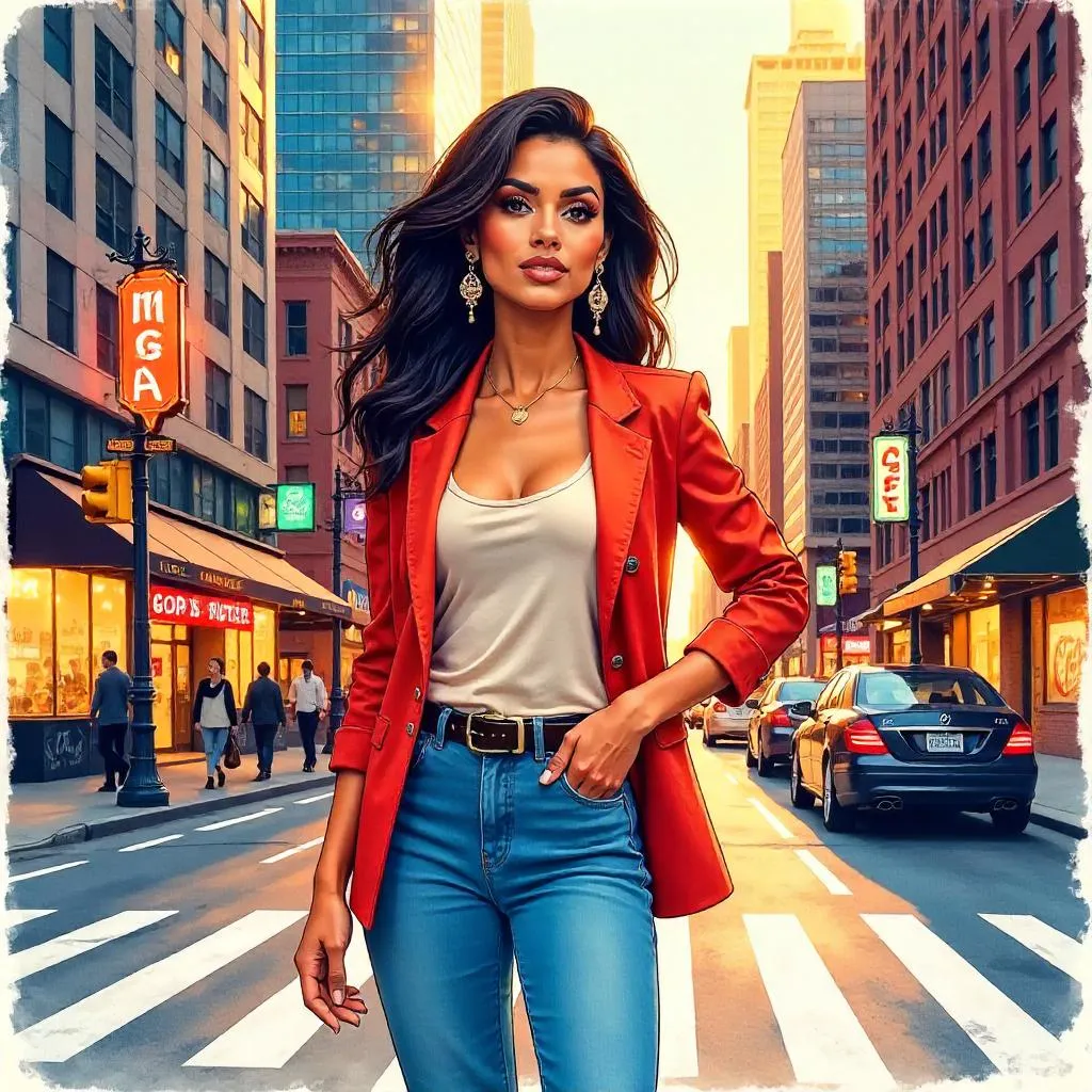 Confident Latina in Downtown Watercolor Portrait