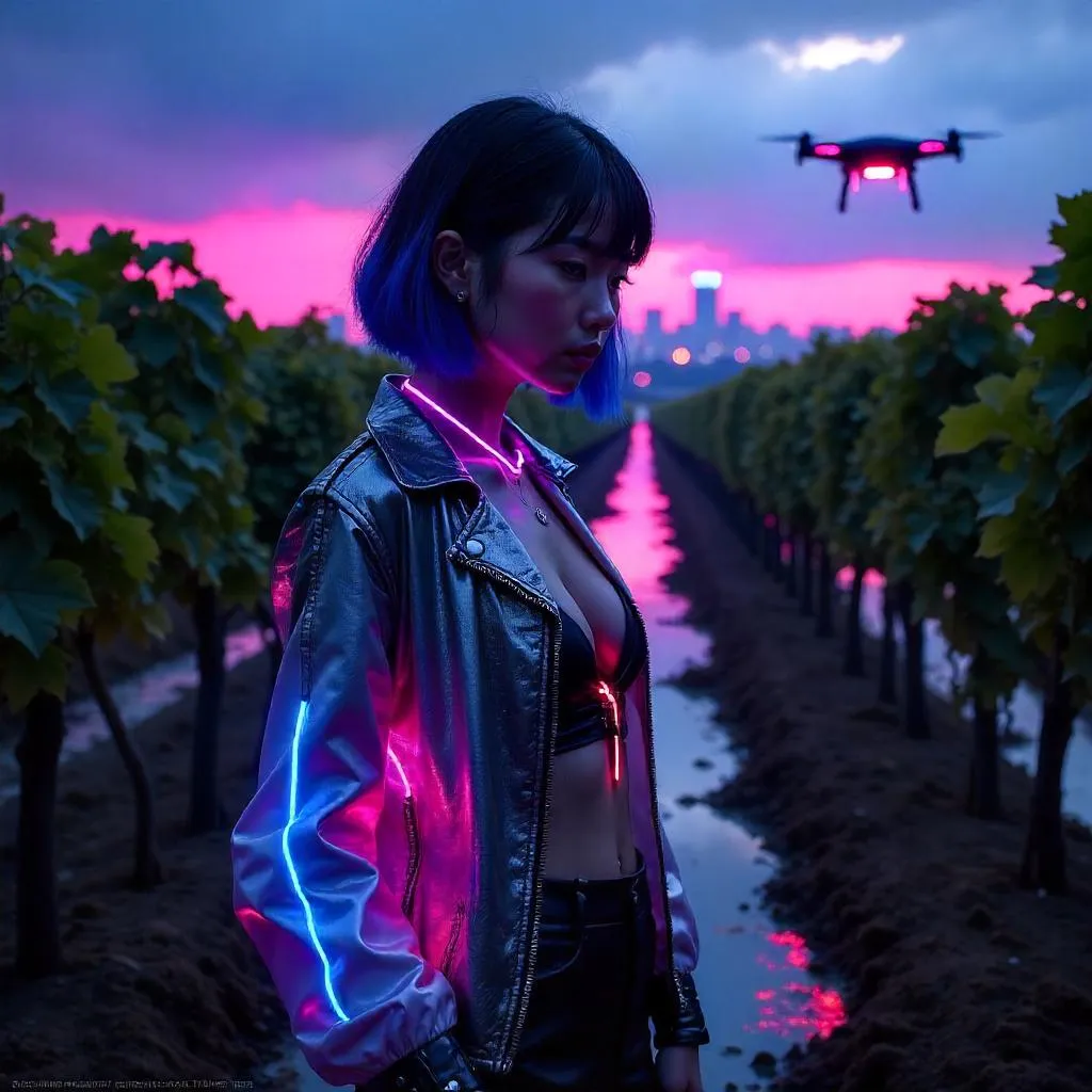 Neon Night Vineyard: Cyberpunk East Asian Woman