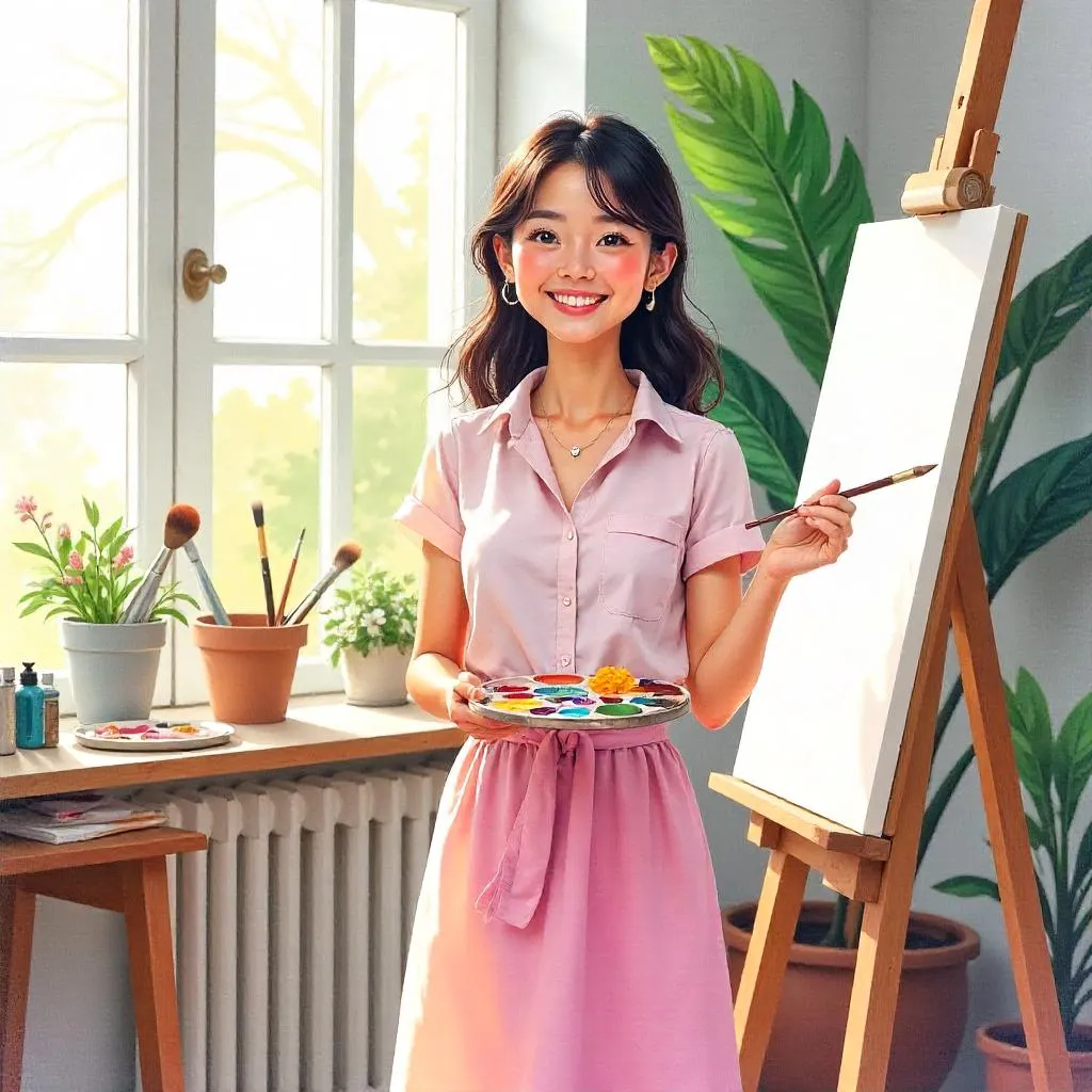 Cheerful Asian Woman in a Watercolor Studio