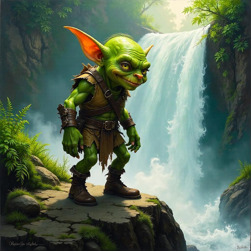 Goblin by the Waterfall in Oil Painting