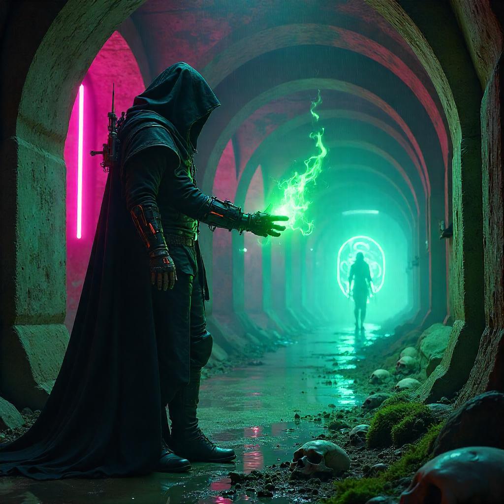 Neon Catacomb Necromancer in a Cyberpunk Labyrinth