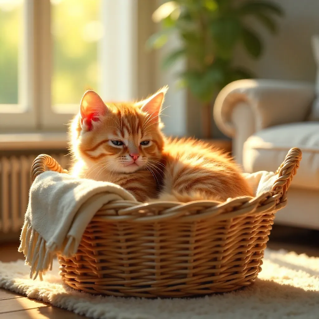 Sunlit Ginger Kitten Lounging in a Wicker Basket