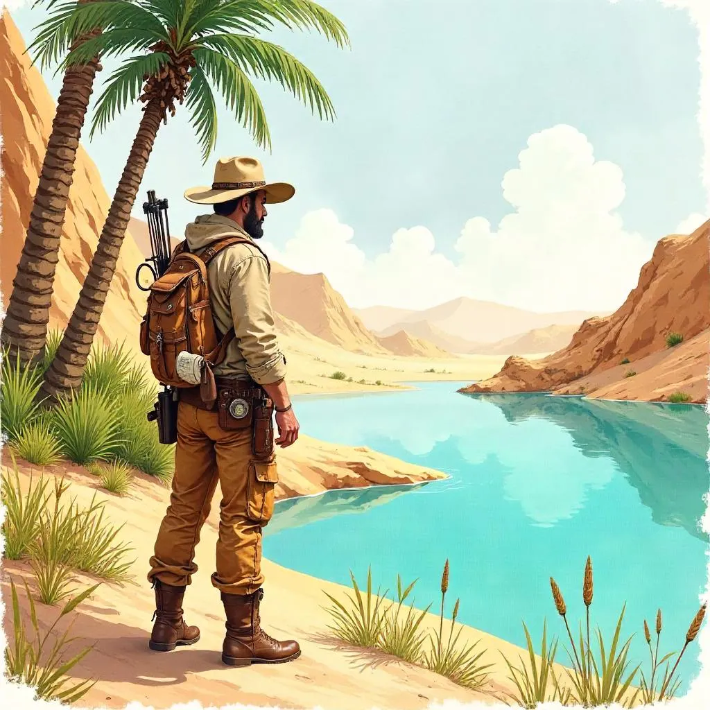 Solitary Ranger at an Oasis in Watercolor