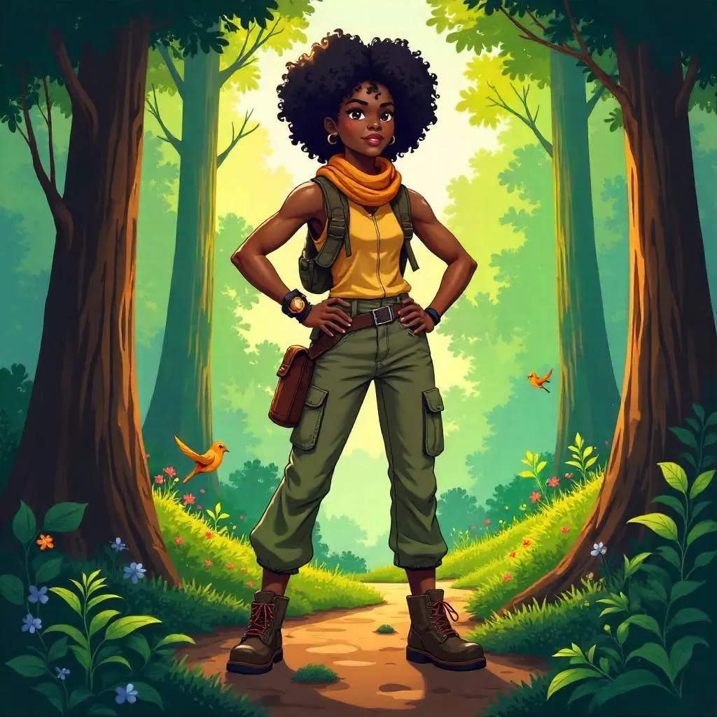 Confident Black Woman in a Lush Forest - Cartoon Style