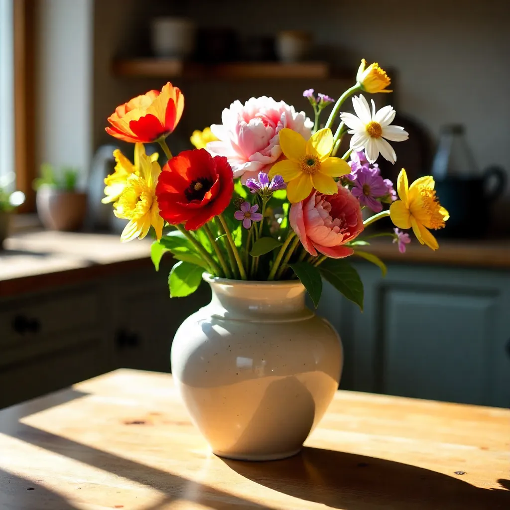 Sunlit Rustic Vase with Vibrant Flowers