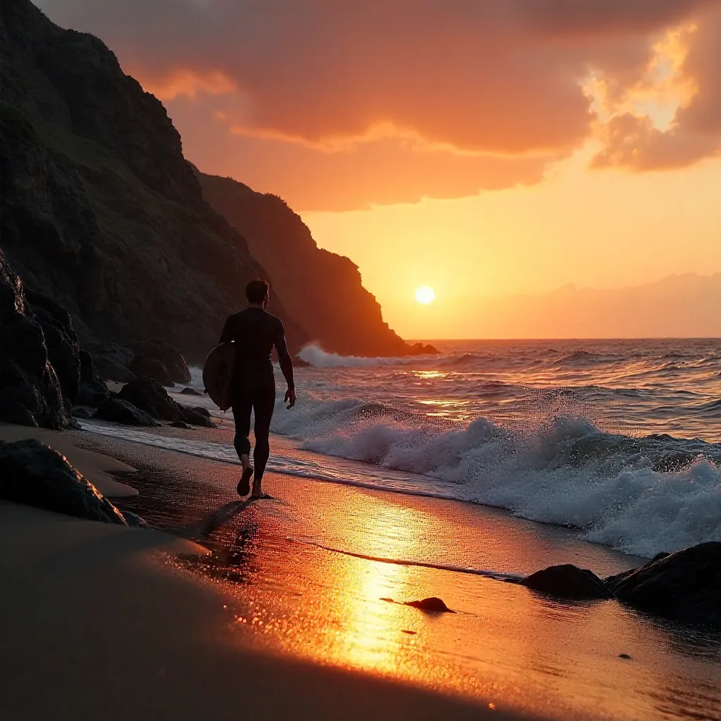 Surfer Silhouette at Sunset on a Rocky Portuguese Coast