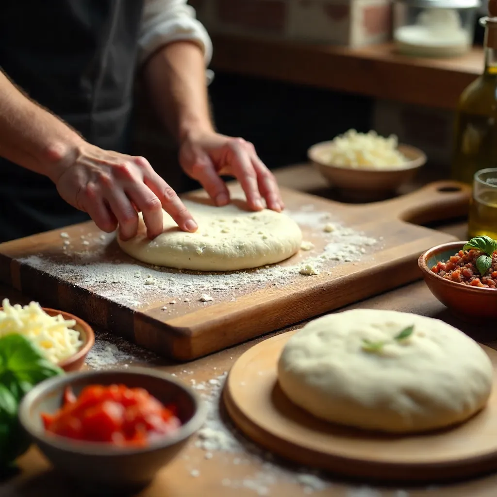 Fresh Pizza Dough Prep with Sauce and Meats