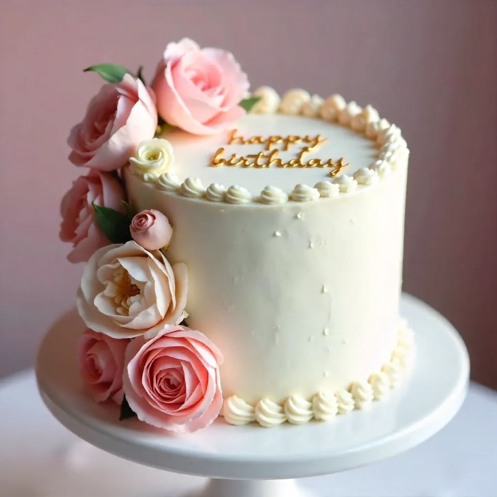 Elegant Pink-Flower Birthday Cake with Happy Birthday Top