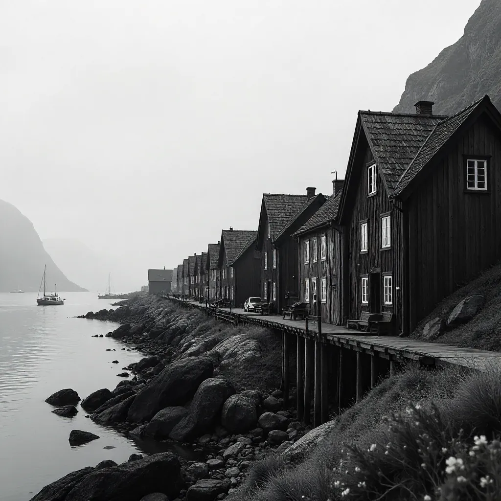 Monochrome Norwegian Coastal Houses by the Sea