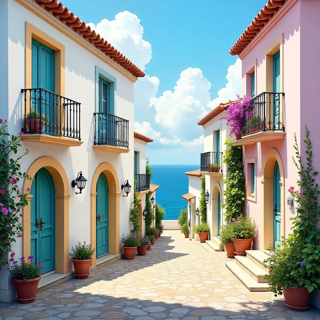 Pastel Mediterranean Village Under a Clear Sky