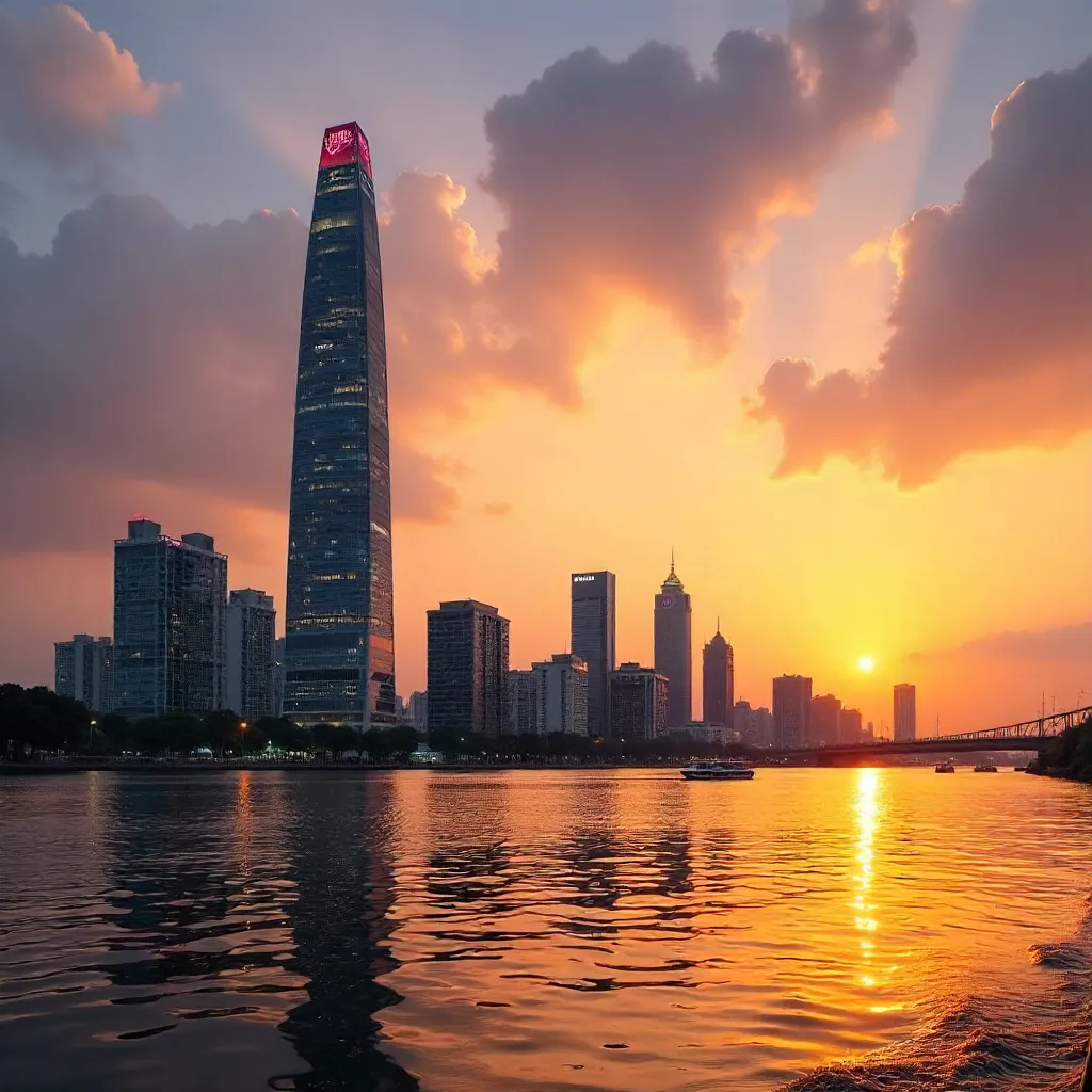 Sunset over Saigon River with Landmark 81 Skyline