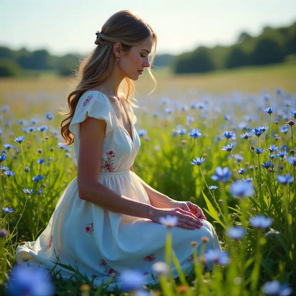 Kneeling Among Blue Flowers in White Floral Dress