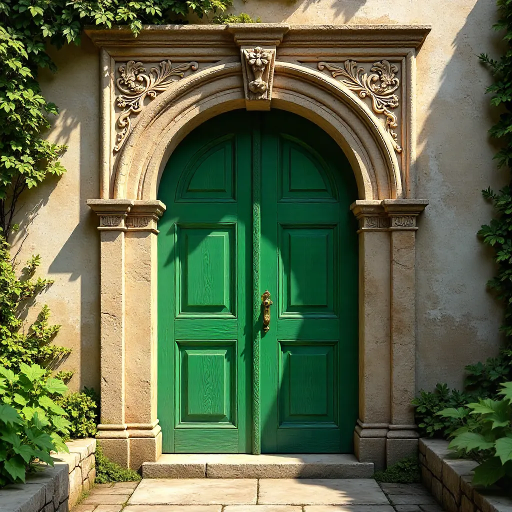 Ancient Archway with Carved Stone and Green Door