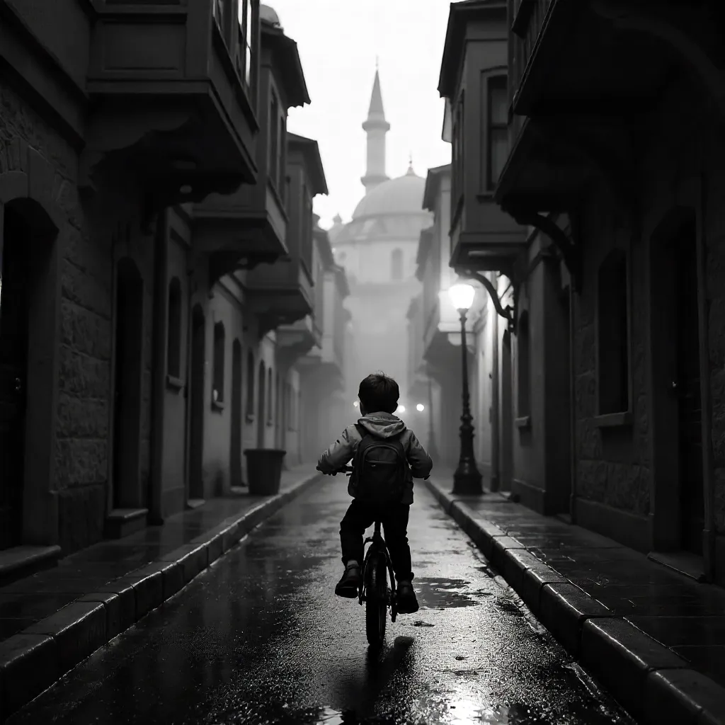 Shadowed Bursa Street Ride: Child on Bicycle