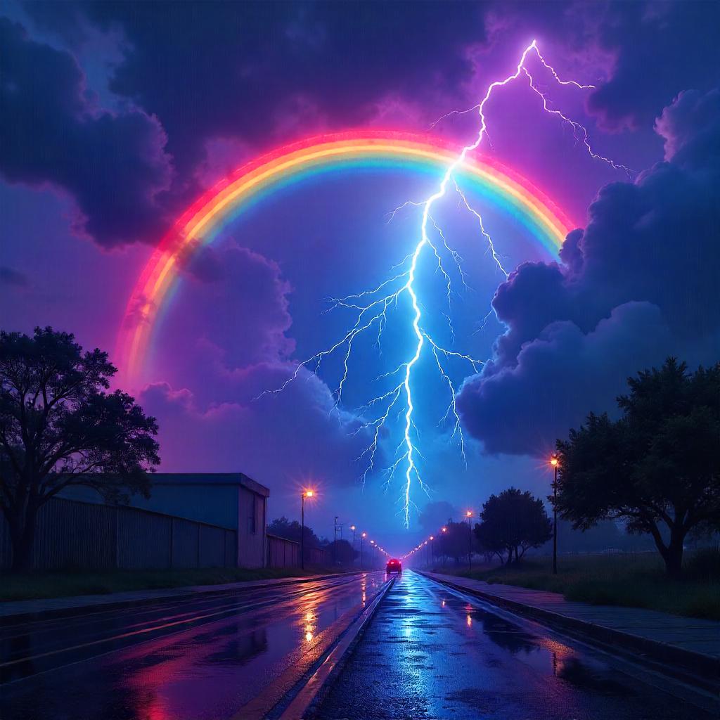 Rainbow Amid Thunderstorm: Neon Digital Stormscape