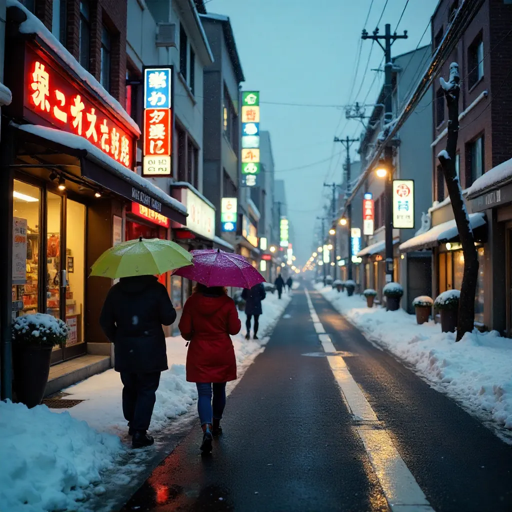Snowy Sapporo Street with Umbrella-Wearing Pedestrians