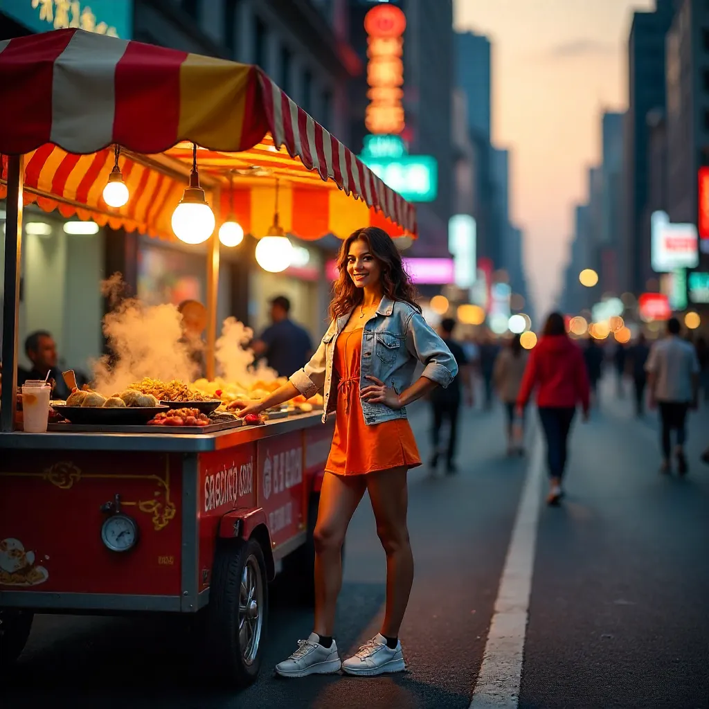 Vibrant Street Cart: Woman in a Bustling City