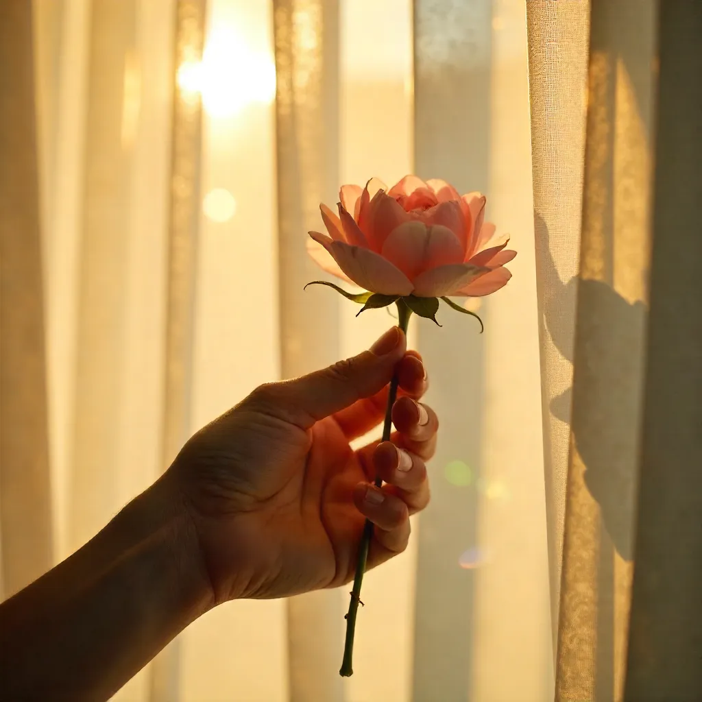 Sunlit Hand Reaching Toward Light Through Curtains