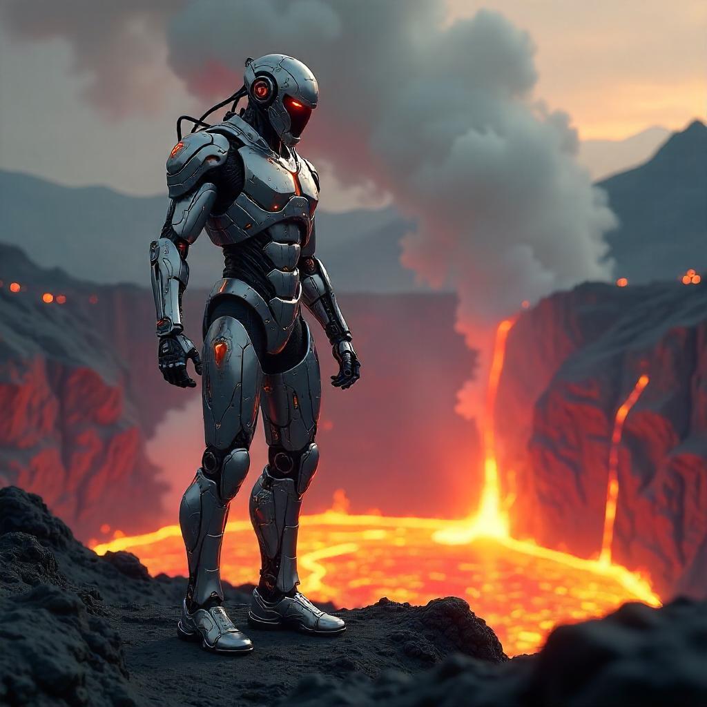 Cyborg in a Volcanic Crater - 3D Render
