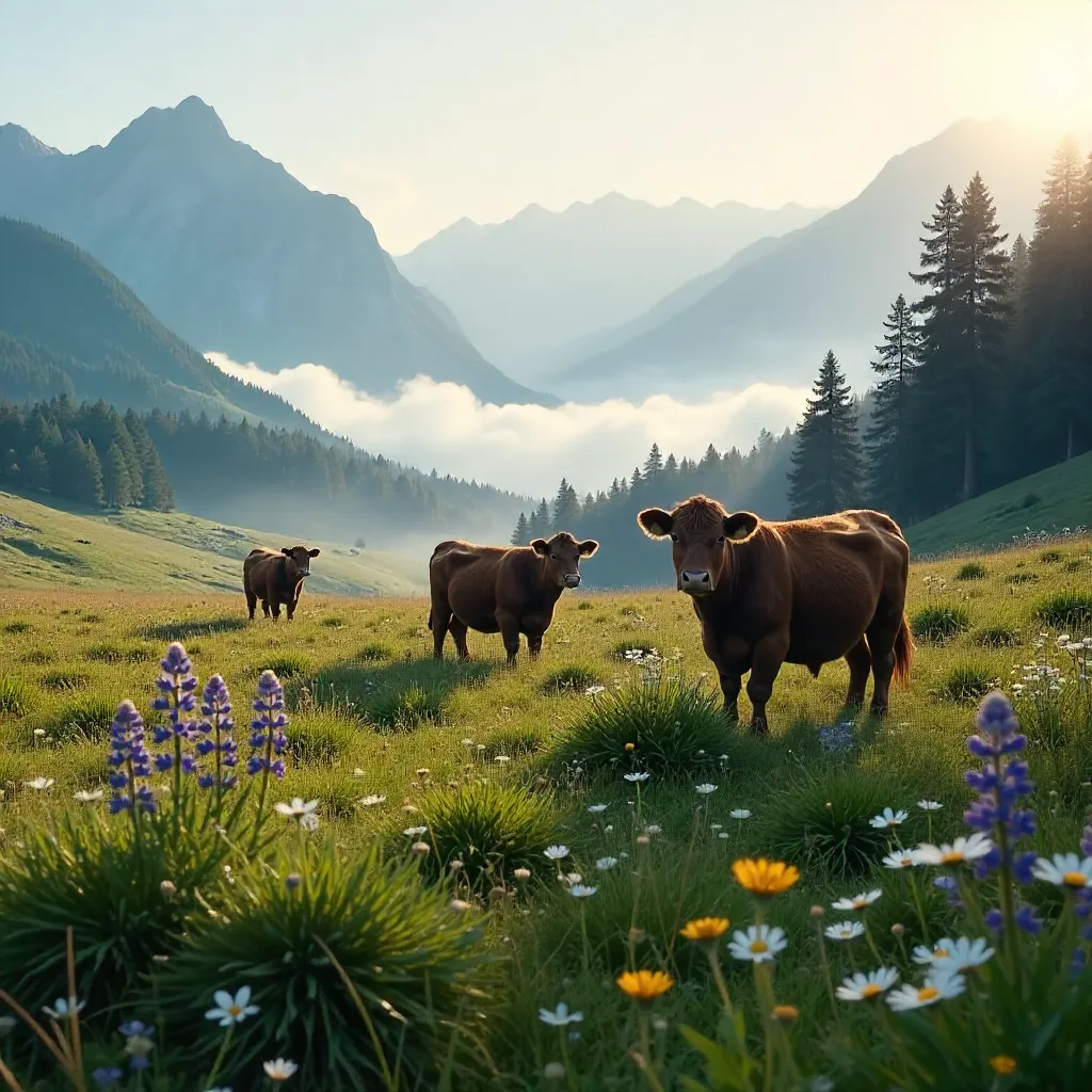 Serene Foggy Alpine Meadow with Grazing Cows