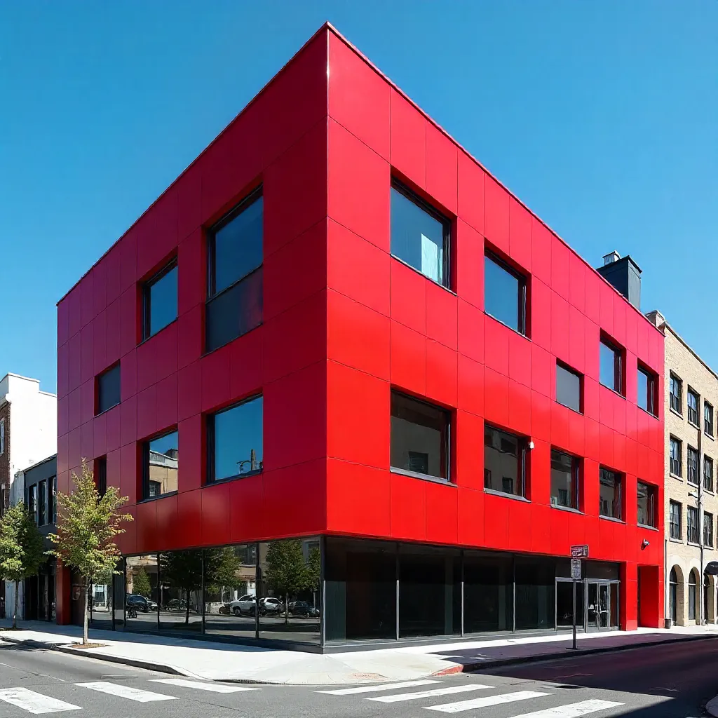 Crimson Facade: Reflective Glass in Modern Red Block