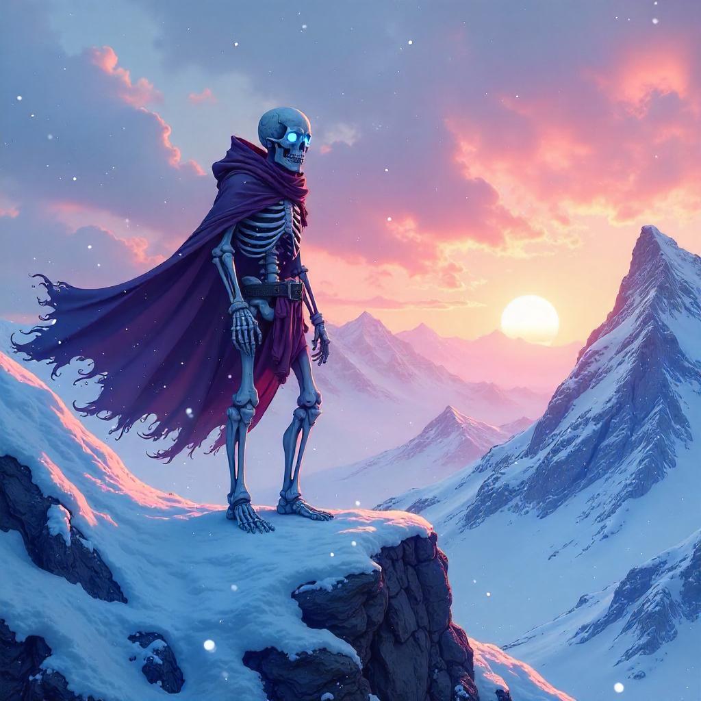 Anime Skeleton on a Snowy Mountain Summit