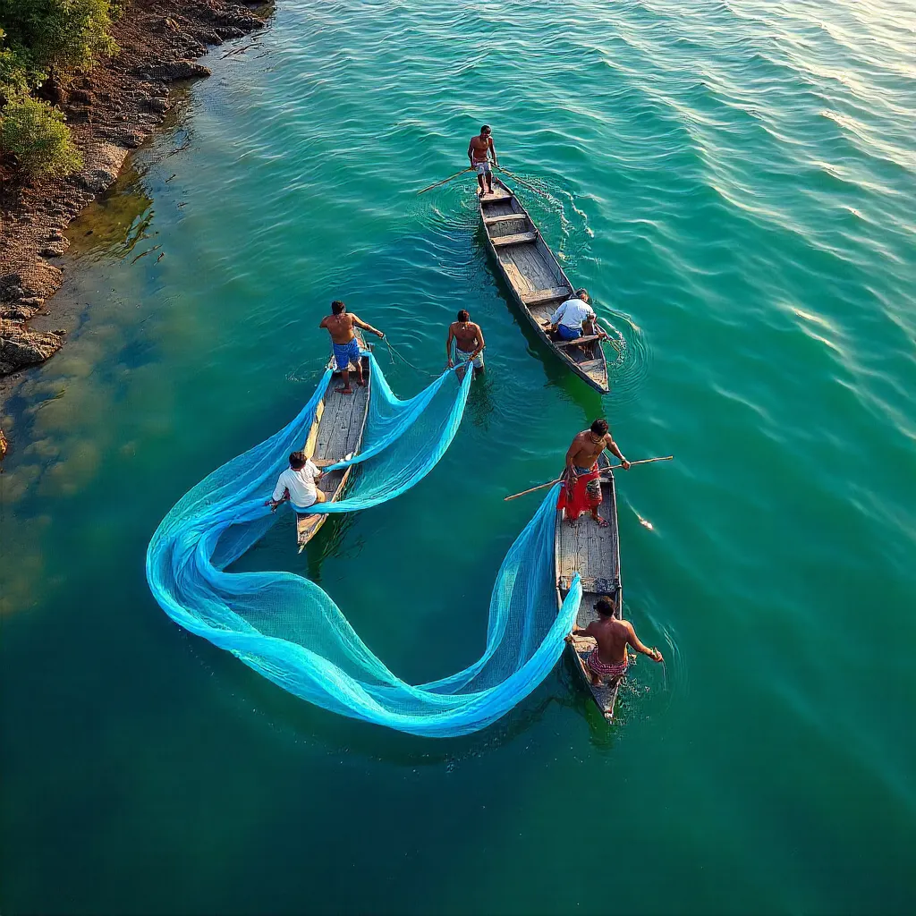 Aerial Bengal Fishermen with Blue Nets