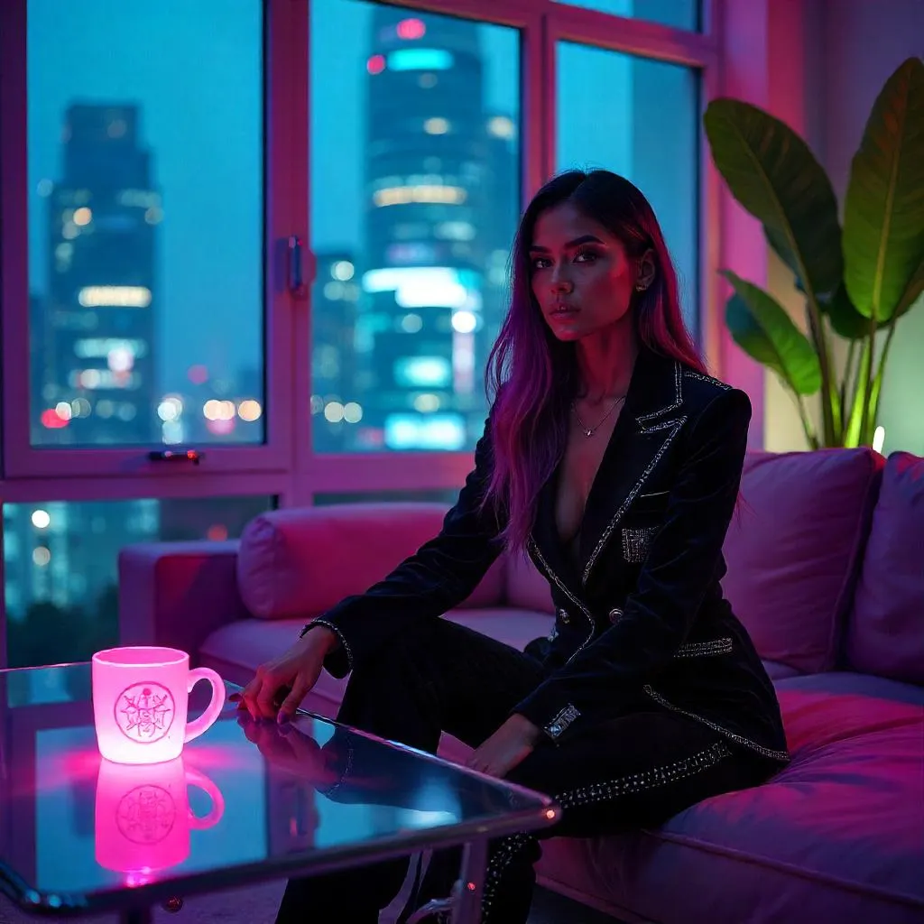 Elegant Latina in a Neon Cyberpunk Home