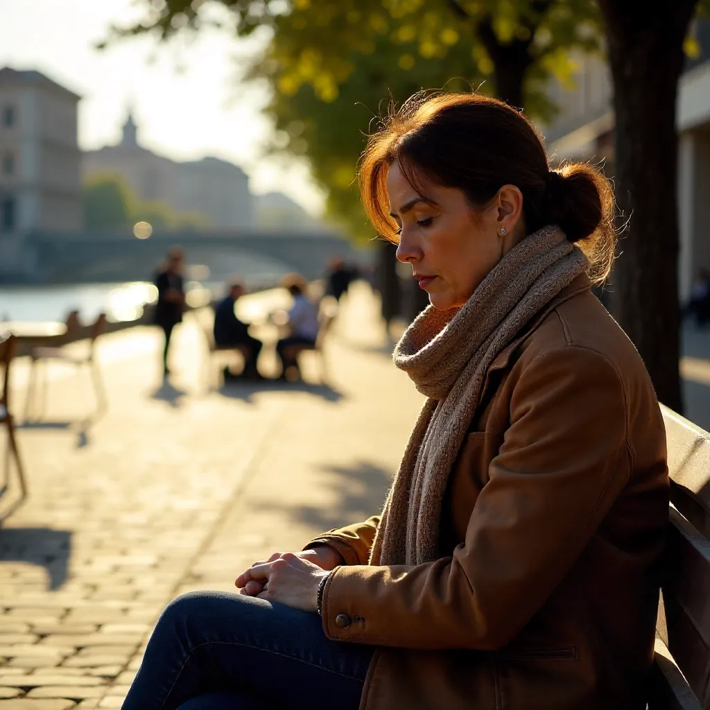 Contemplative Woman in Sunlit Rosario Plaza