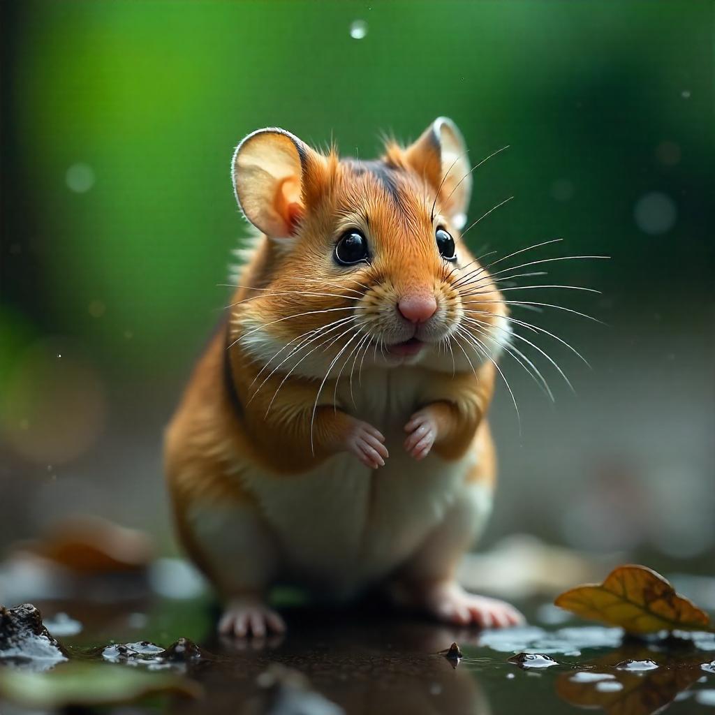 Photoreal Hamster in a Heavy Rain Shower