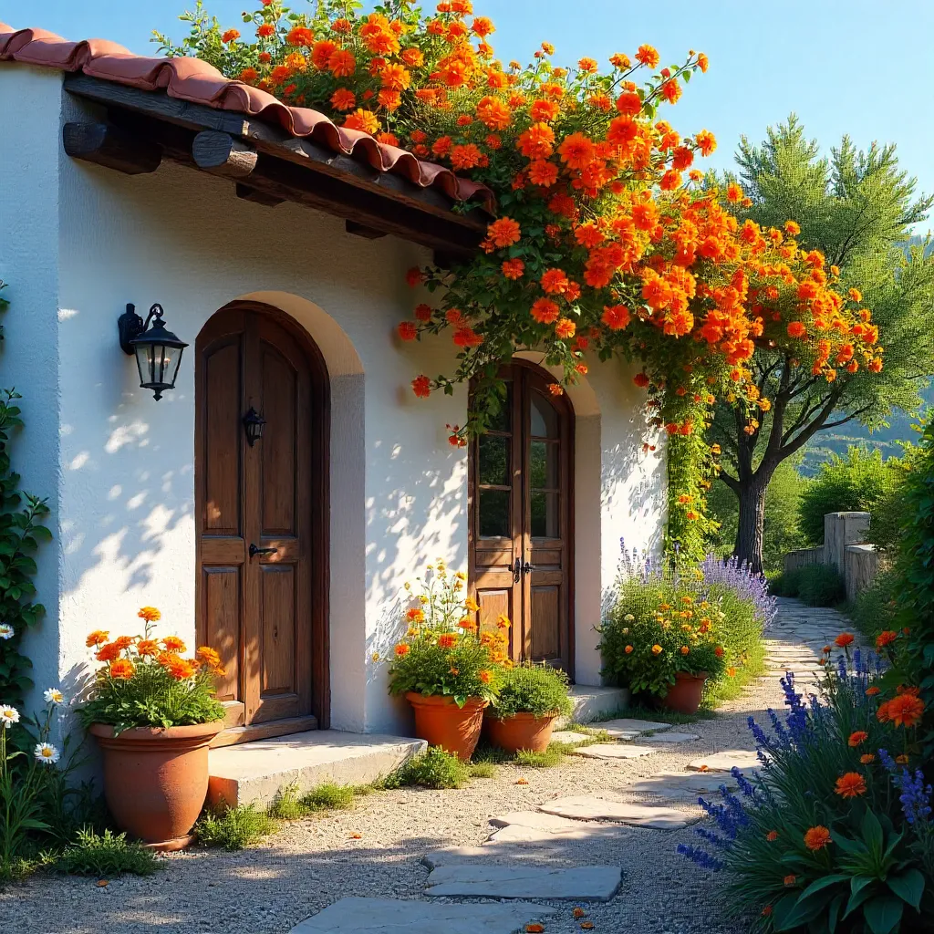 Sunlit Rustic Cottage Covered in Orange Blossoms
