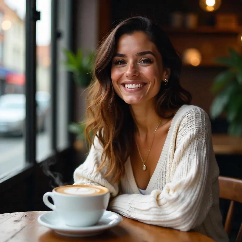 Cheerful Latina in a Cozy Coffee Shop