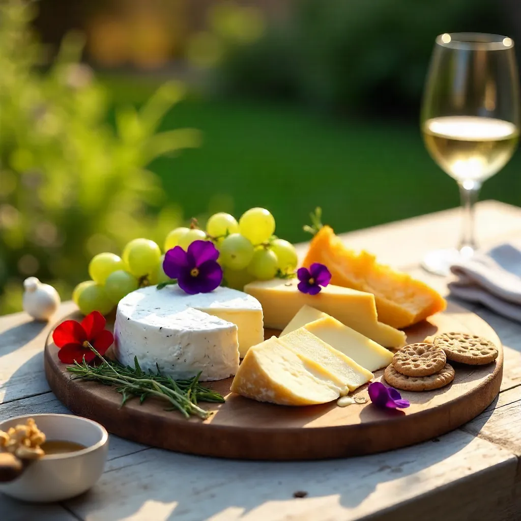 Sunlit Elegant Cheese Platter with Edible Flowers
