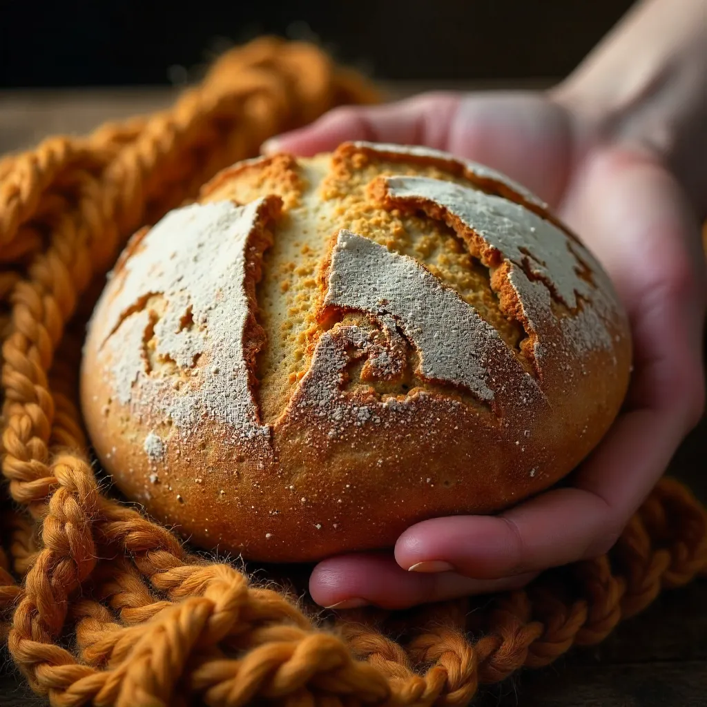 Hand Cradling Rustic Bread with Leaf-Pattern Crust on Cozy Textile