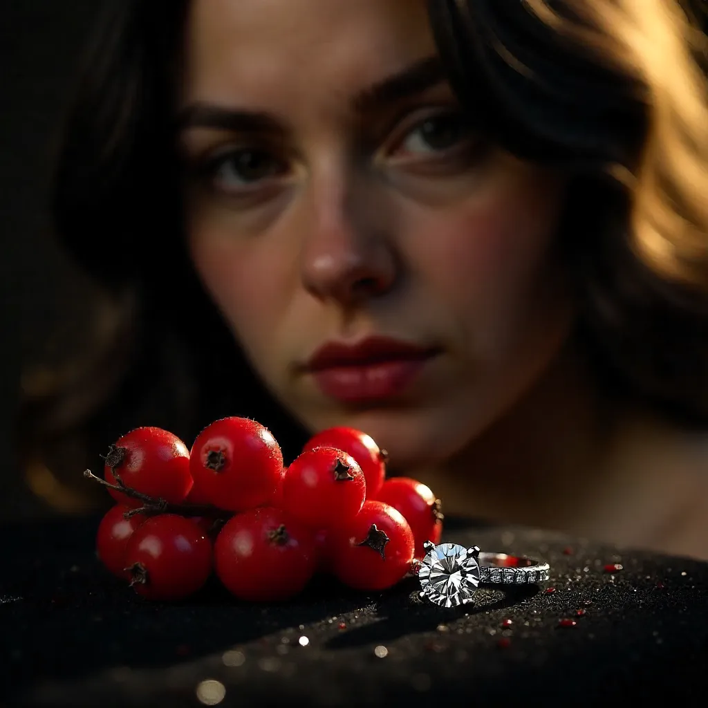 Contemplative Portrait: Red Berries and Sparkling Ring on Dark Surface