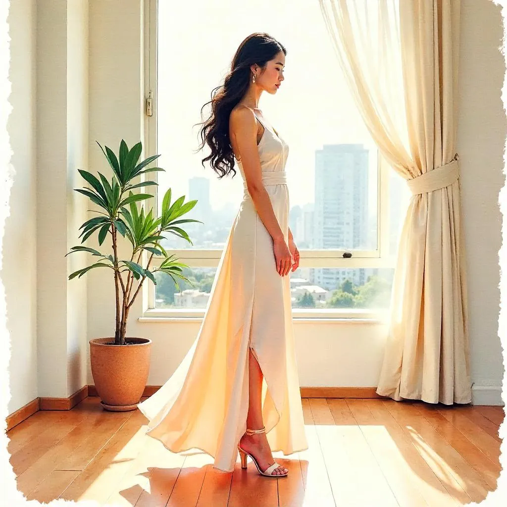 Watercolor Elegance: Asian Woman in an Apartment