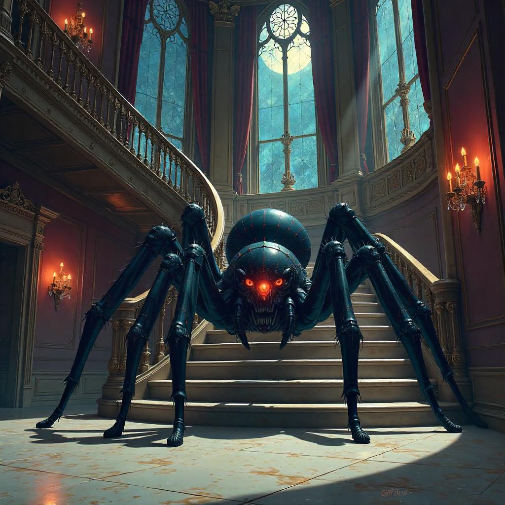 An Enchanted Anime Spider in a Grand Mansion Staircase