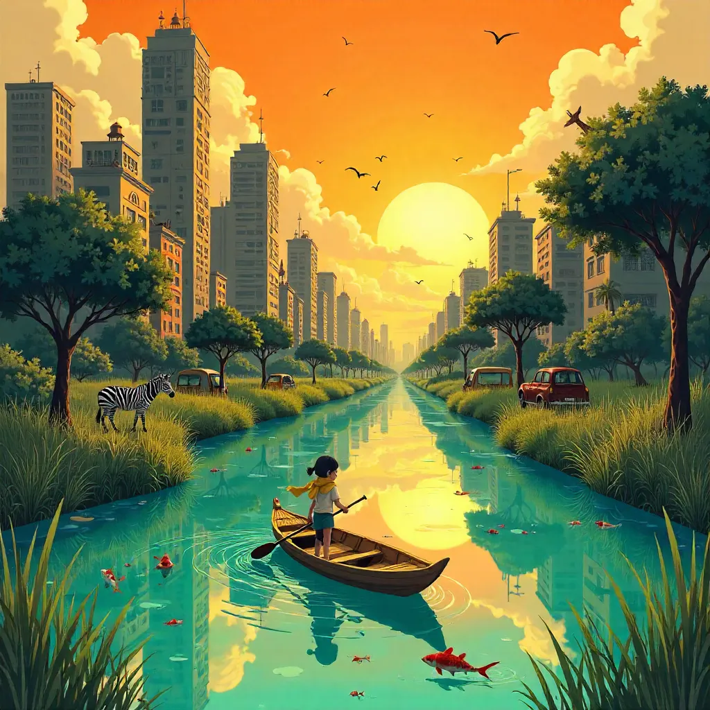 Savanna Oasis in a Flooded City - Anime Scene
