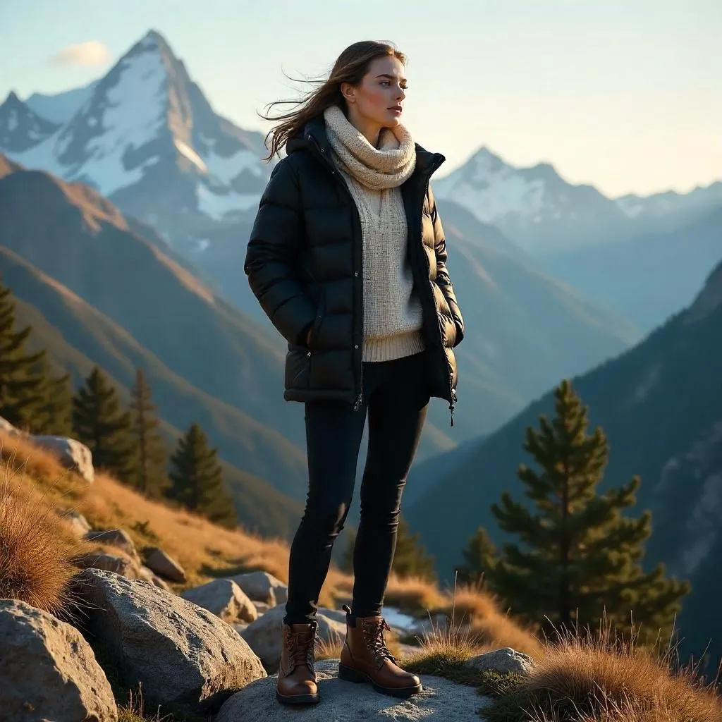 Stylish White Woman in Photorealistic Mountain Landscape