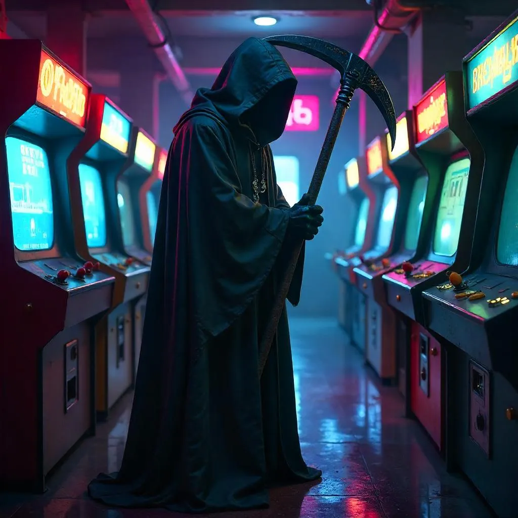 Neon Reaper in a Retro Arcade — Photorealistic