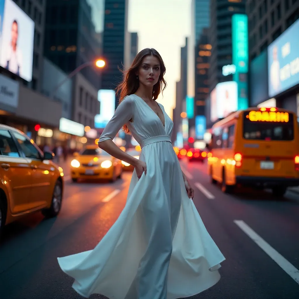 Model in a White Dress Amid City Traffic