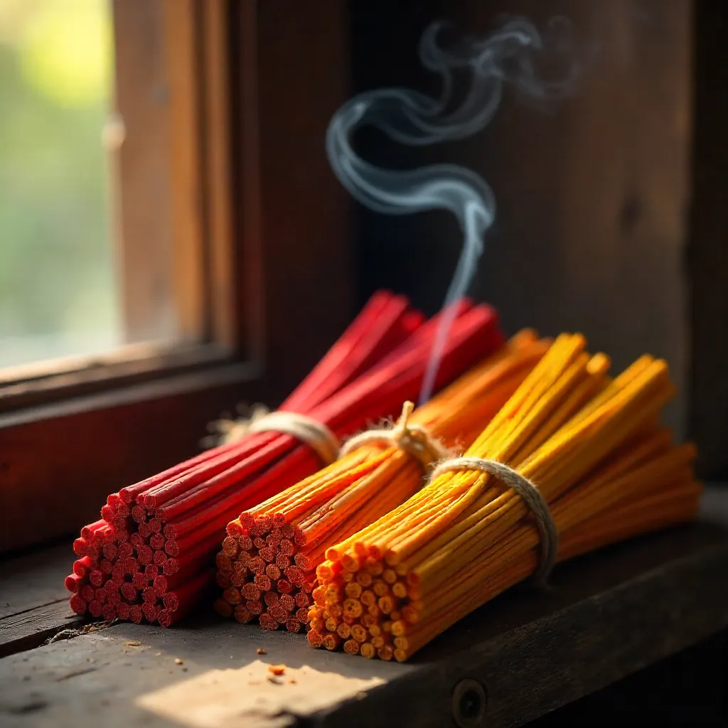 Vibrant Red and Yellow Incense Bundles on Rustic Shelf