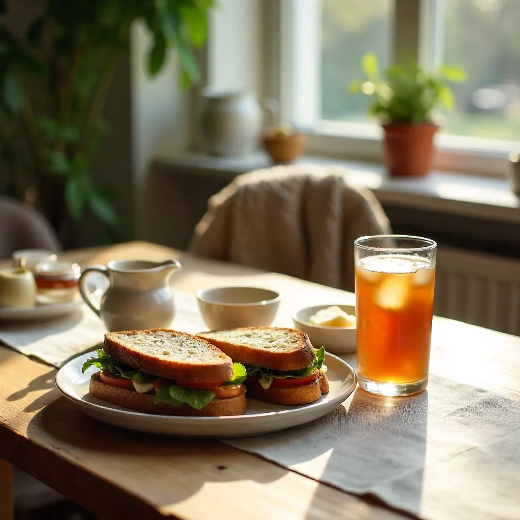 Cozy Indoor Brunch: Rustic Table with Sandwiches and Iced Coffee