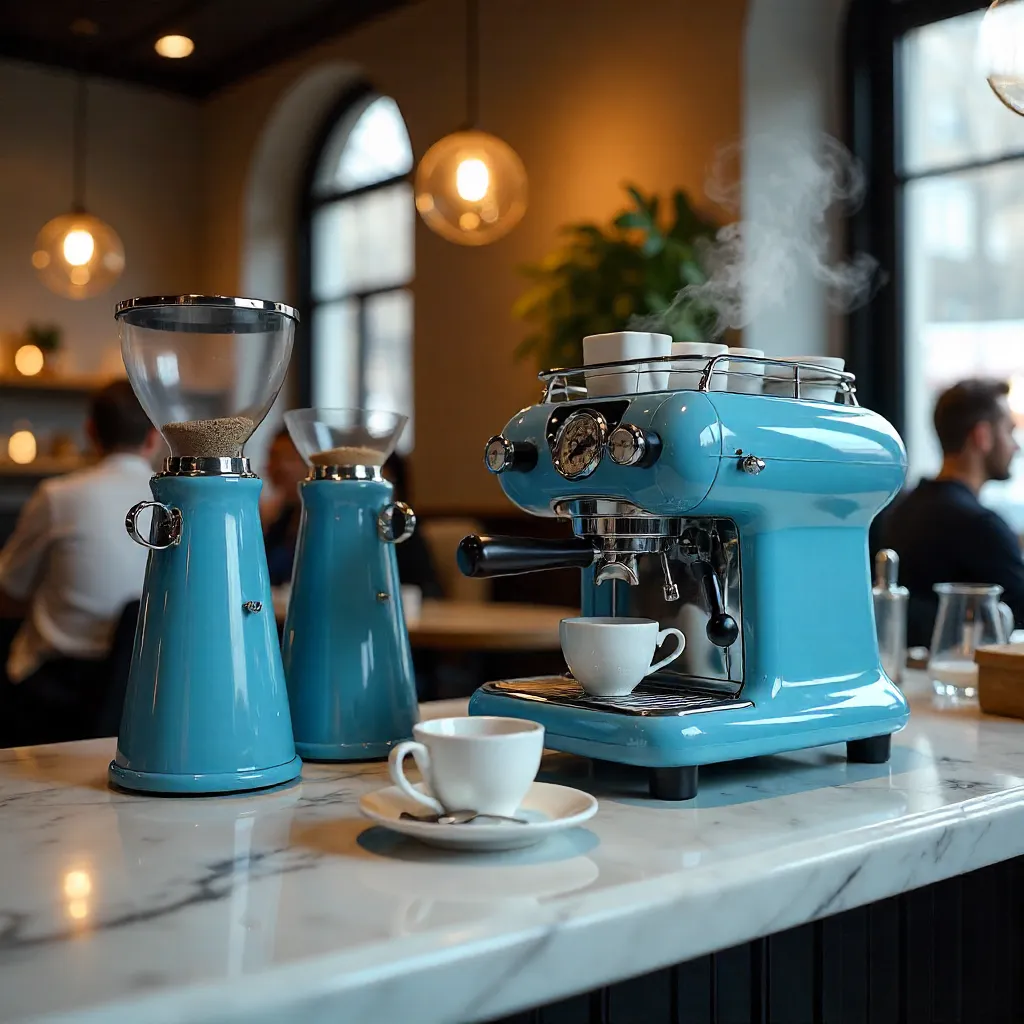 Blue Grinders and Espresso in a Chic Café