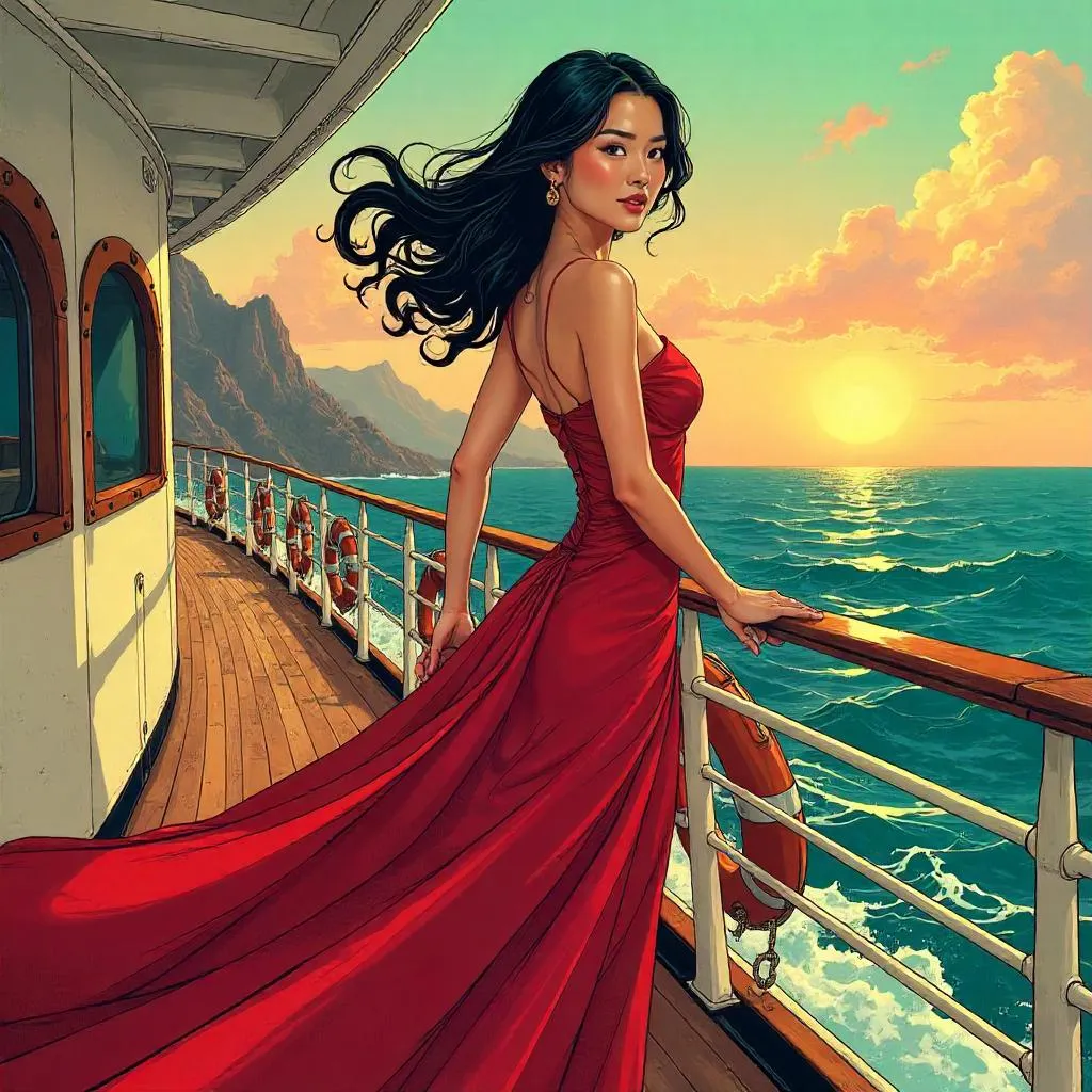 Elegantly Styled Asian Heroine on a Cruise Ship