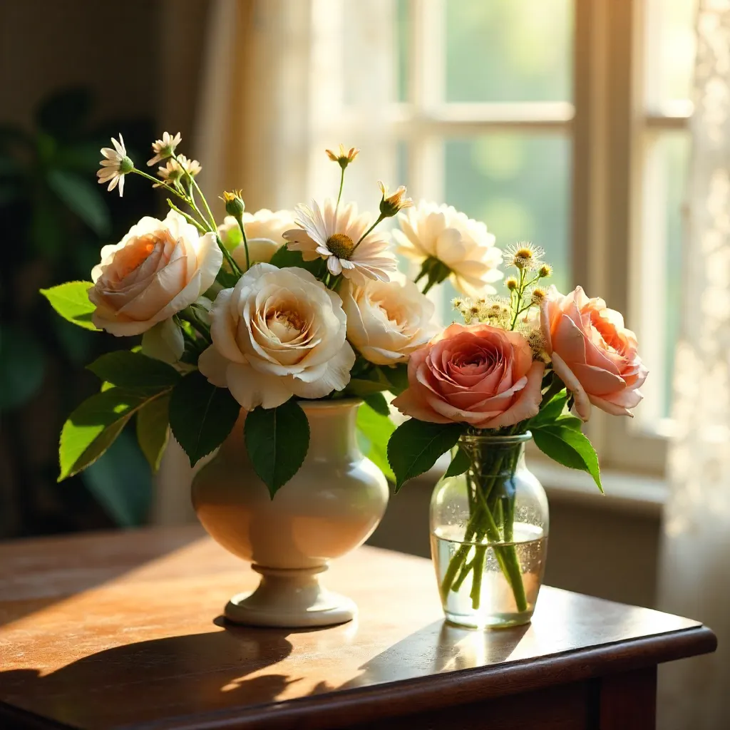 Elegant Rose and Daisy Bouquets in Golden Sunlight