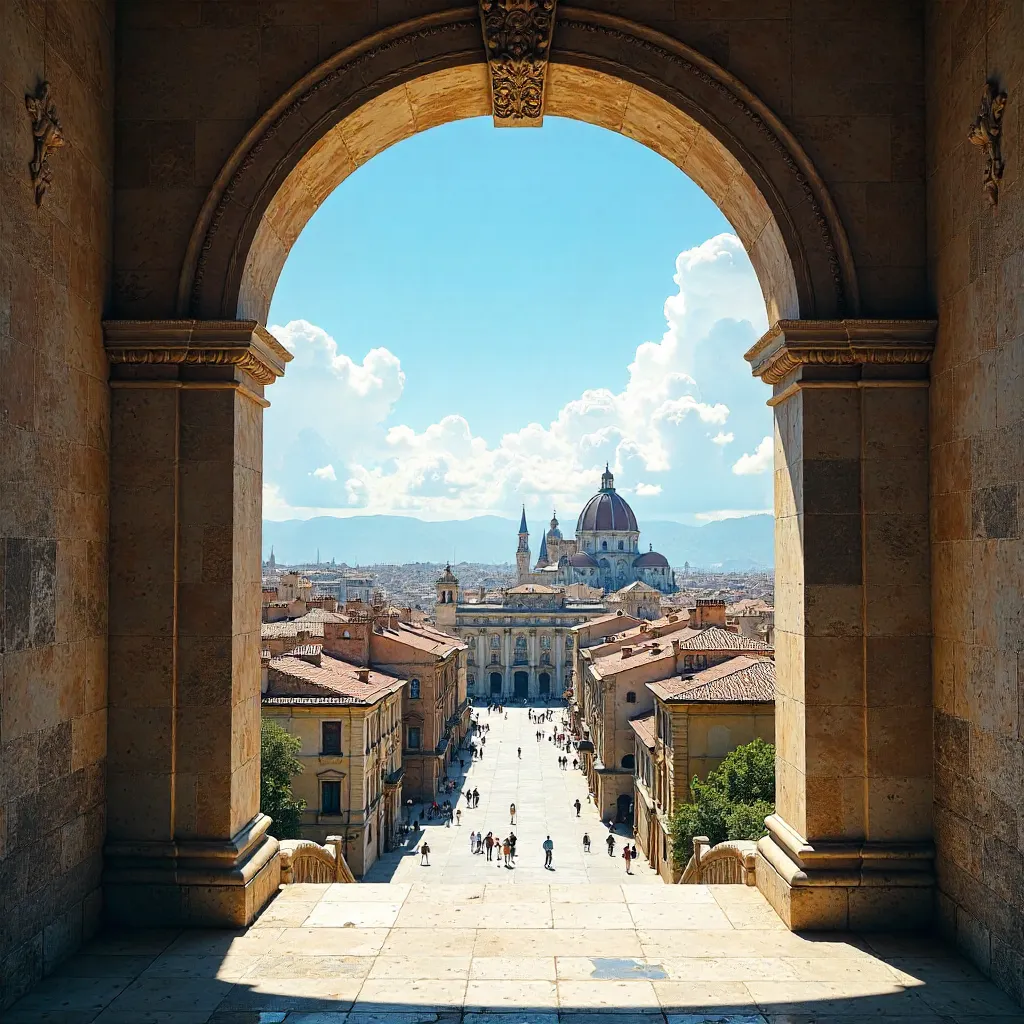 Ornate Archway Framing Historic Skyline